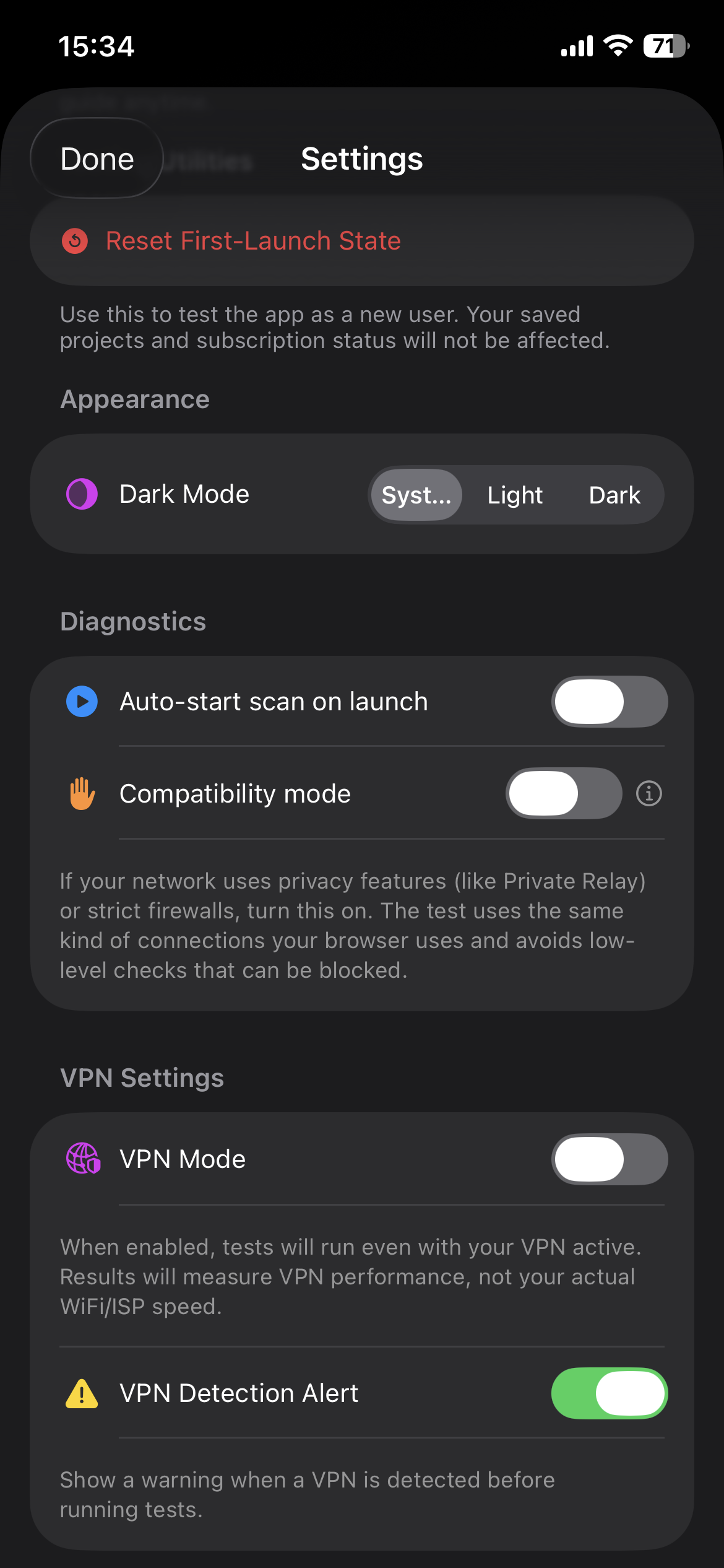 Diagnostics settings