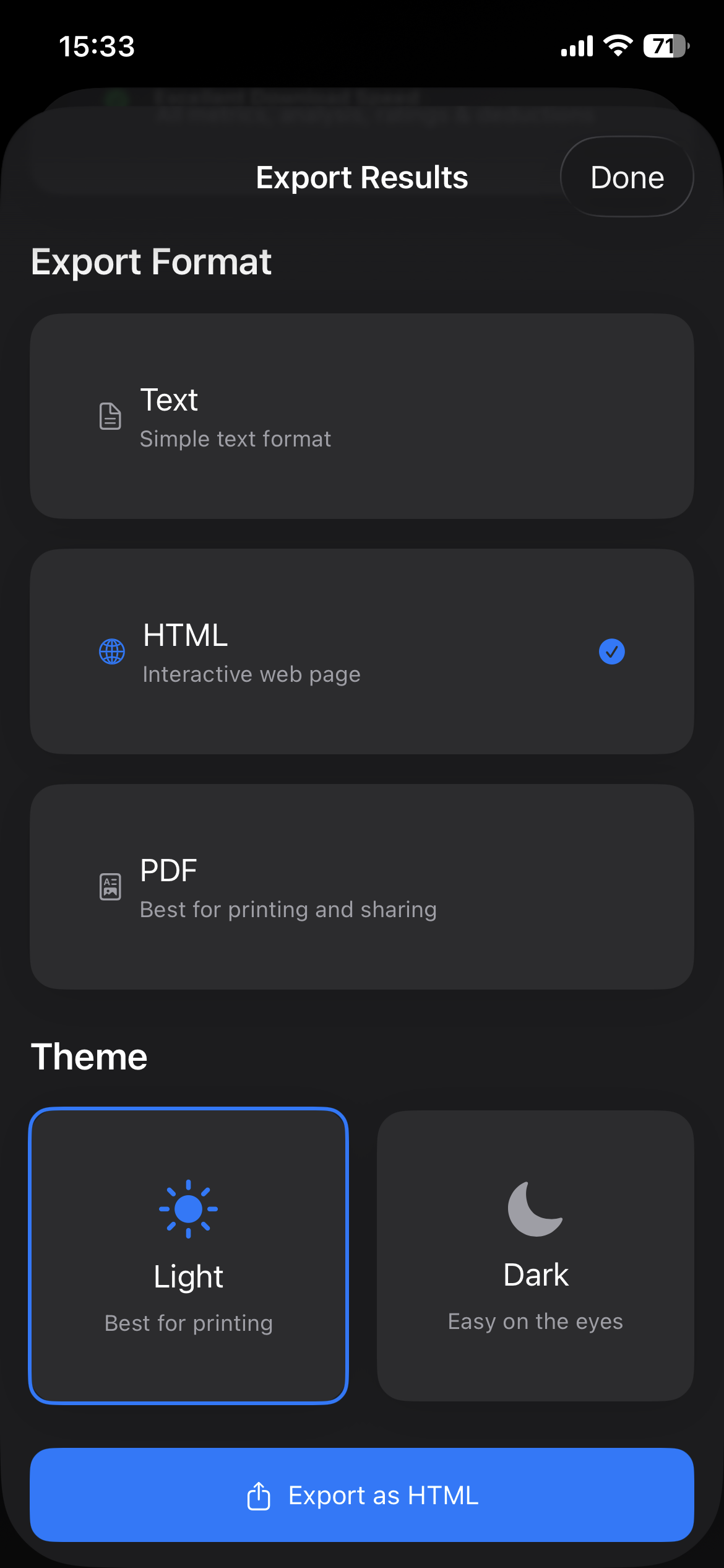 Wi-Fi-Go export results screen — choose Text, HTML, or PDF with light or dark theme