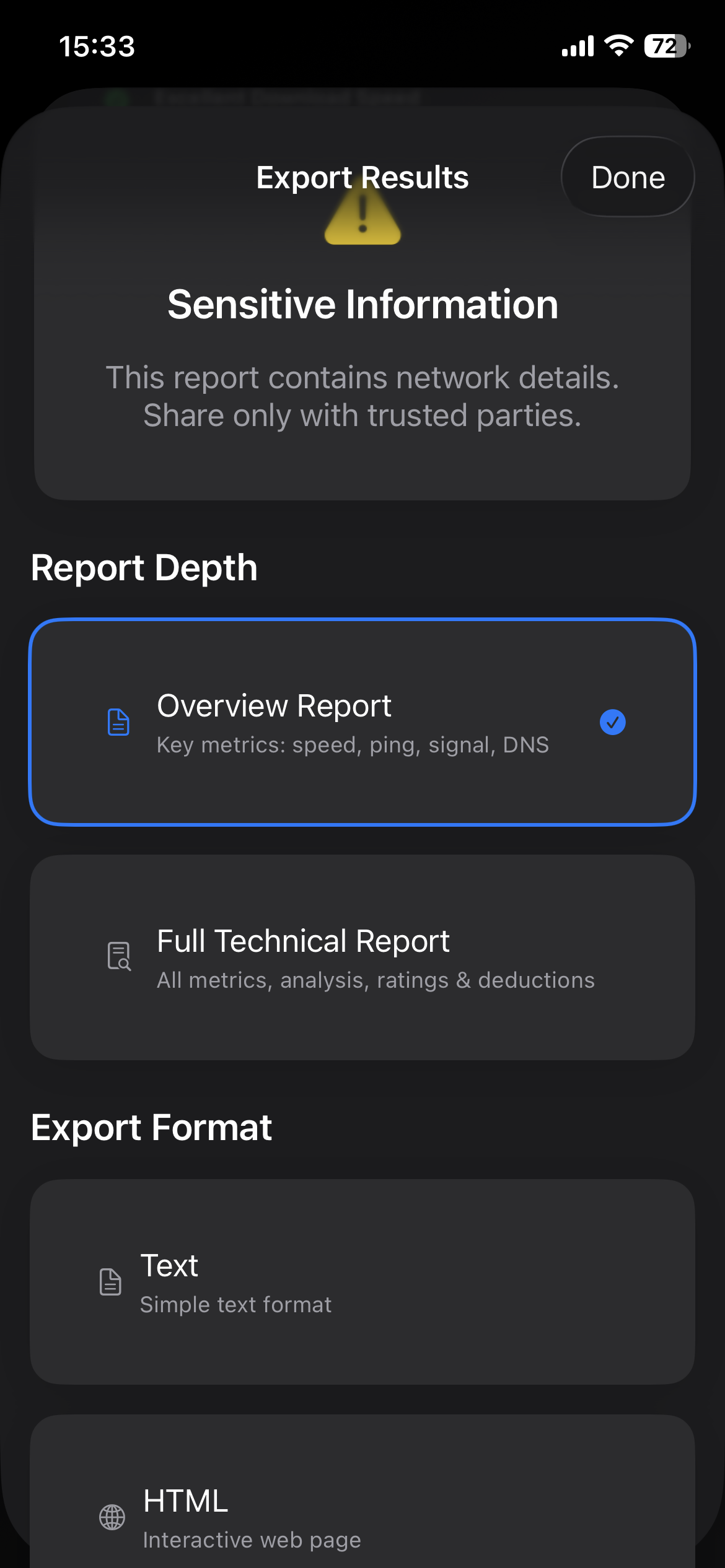Export report depth options