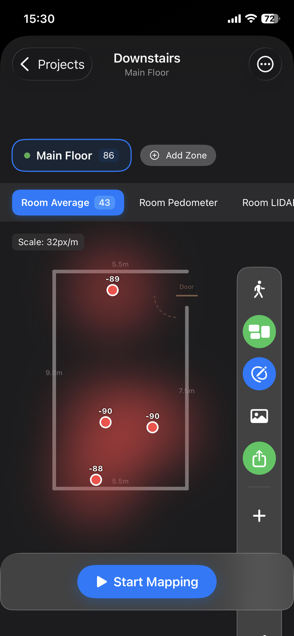 Wi-Fi heatmap floorplan with room signal readings and zone management